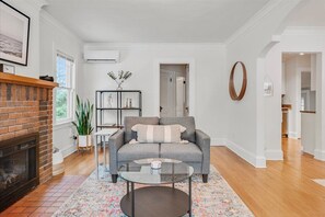 Smart TV, fireplace, books