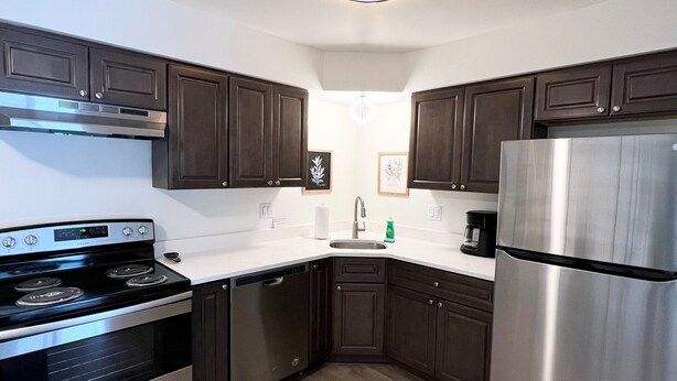 A modern kitchen with dark wooden cabinets, stainless steel appliances, and a white countertop. - *Aviate to the Lake* Downtown Lake Geneva (LAKE GENEVA)
