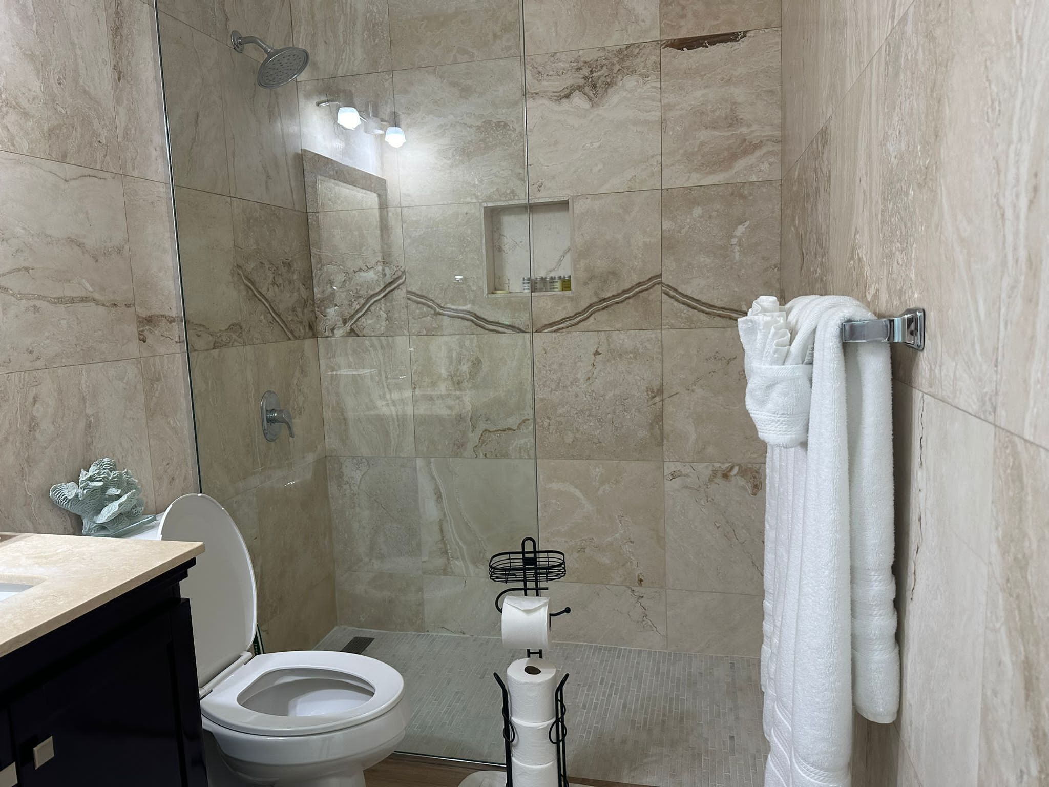 Ein Badezimmer mit Toilette, Dusche und Handtuchhalter.