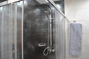 Regadera, secadora de cabello, bidet, toallas