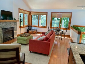 TV connectée, cheminée, livres