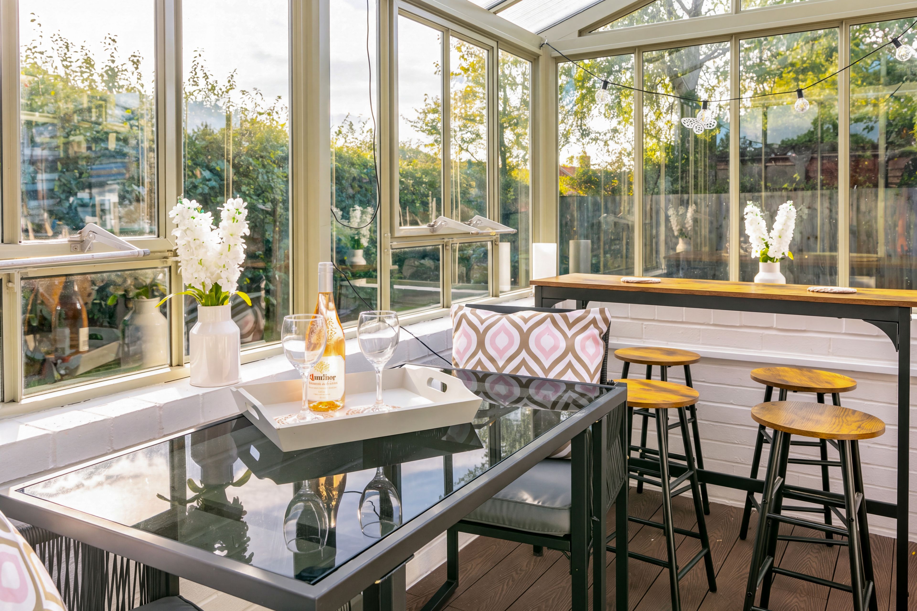 A conservatory with a glass table, chairs, and a bench.