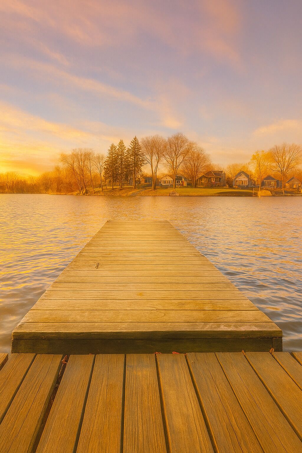 A wooden pier extending into a calm body of water with houses in the background.
