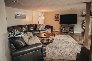 Smart TV, fireplace, books