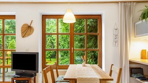 Ein Zimmer mit Fernseher auf einem Schrank, einem Esstisch mit Stühlen, einem großen Fenster mit Blick ins Grüne und einer hängenden Pflanze.
