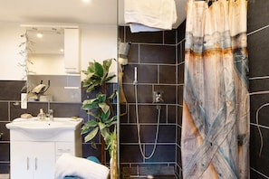 Shower, hair dryer, towels