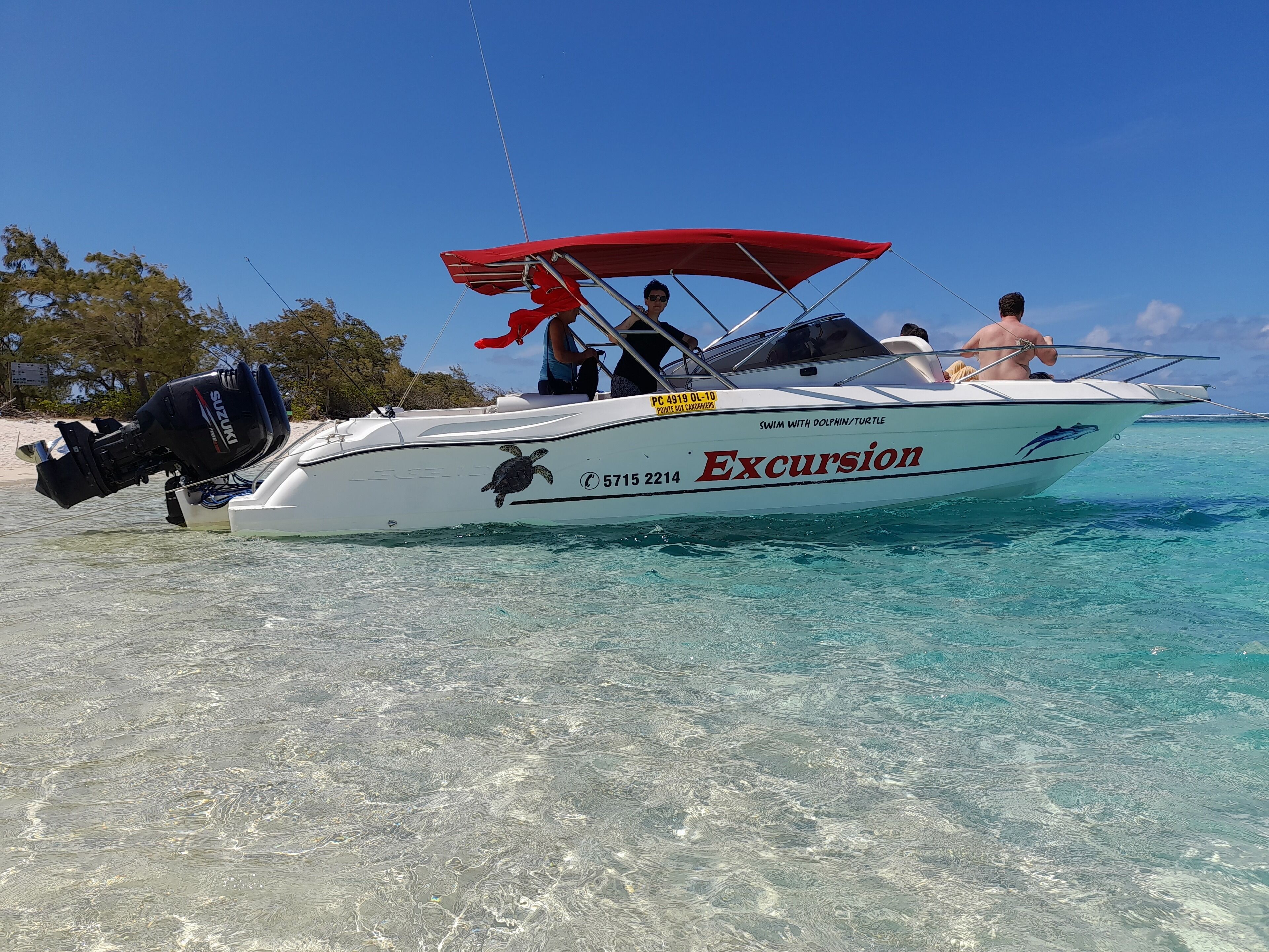 Un bateau appelé « Excursion », orné d’un motif représentant un dauphin, doté d’un auvent rouge et équipé d’un moteur hors-bord Suzuki.