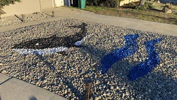 Una superficie pavimentada con un diseño de piedras y una pintura azul.