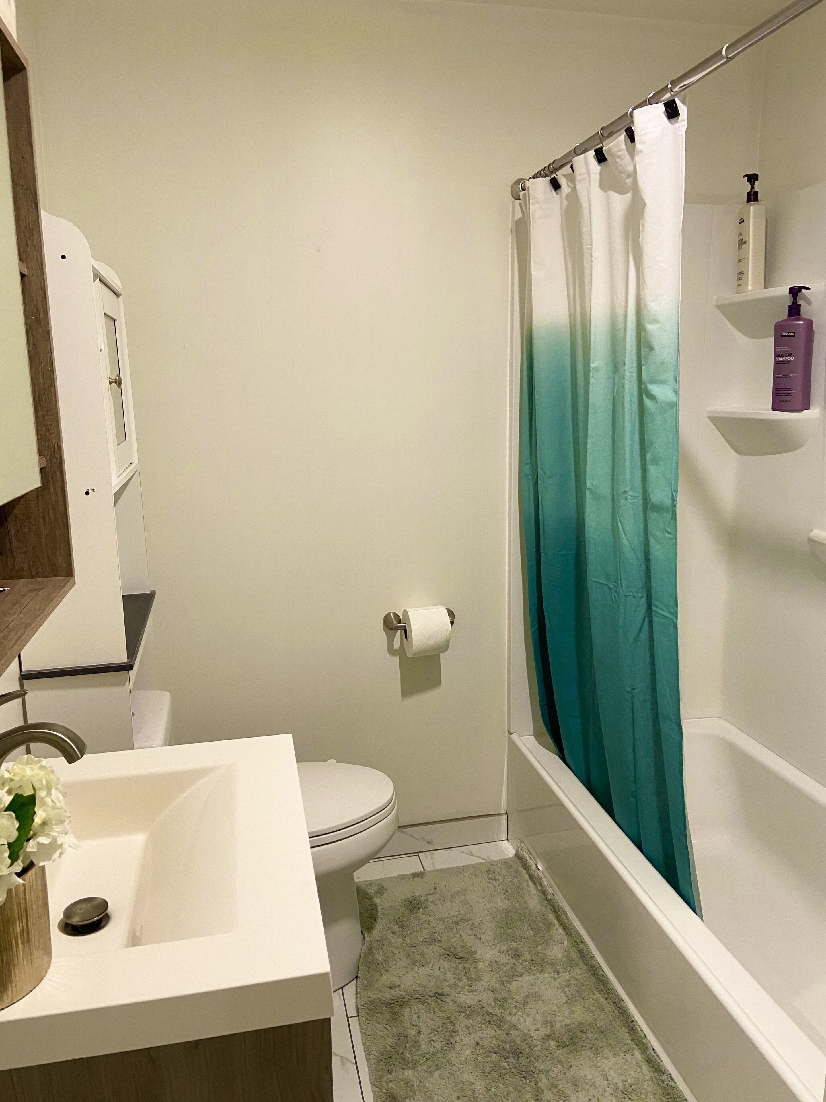 Casa de banho com sanita, lavatório, cortina de chuveiro e suporte para papel higiénico.