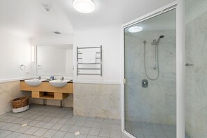 Shower, hair dryer, towels
