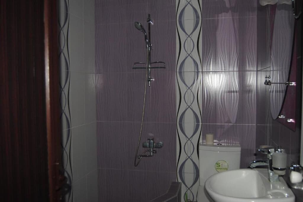 Shower, hair dryer, soap, toilet paper