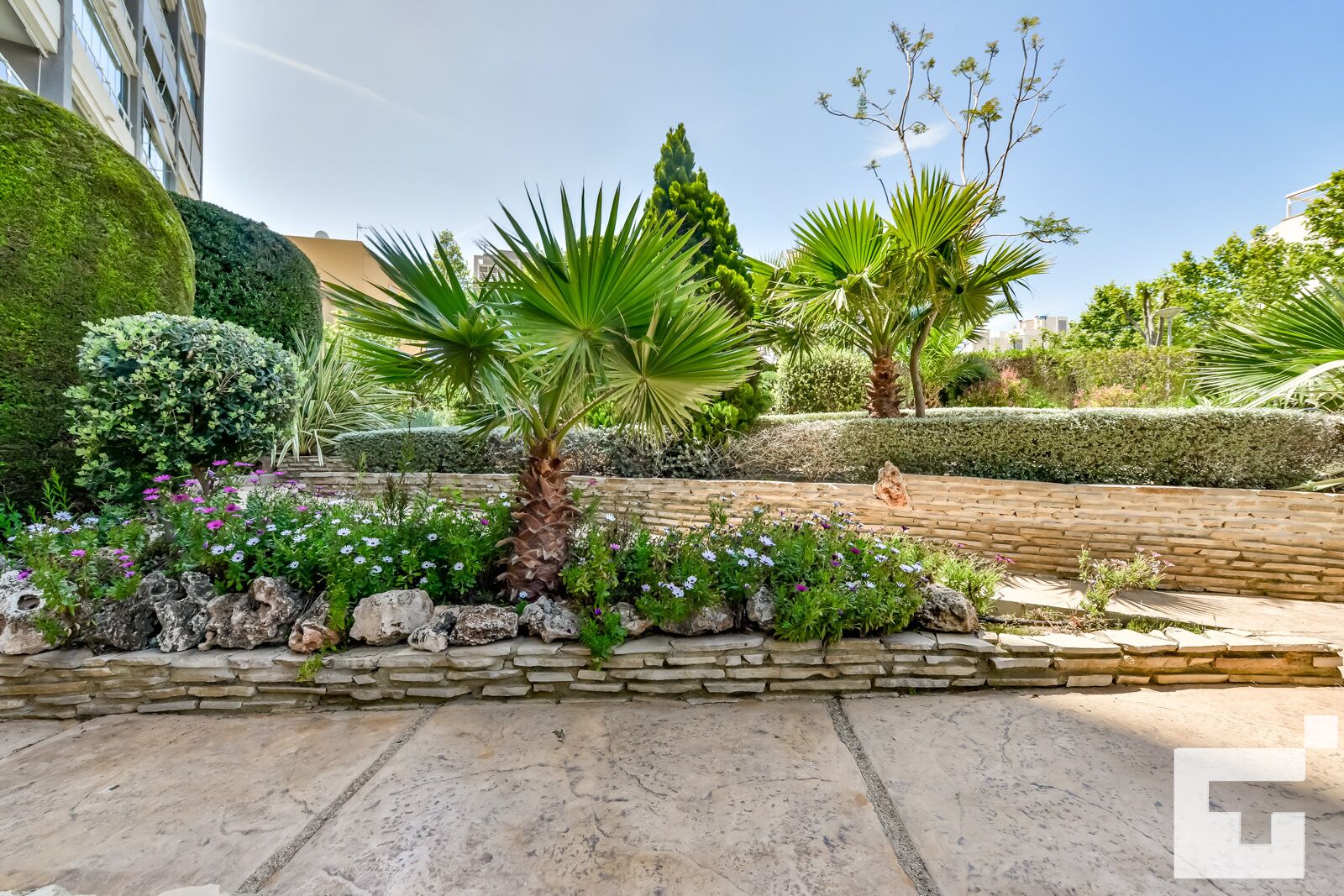 Un jardin aménagé, agrémenté de diverses plantes, notamment des palmiers et des arbustes à fleurs, et délimité par un mur de pierres.
