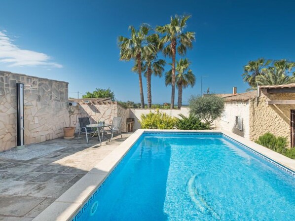 A swimming pool with stone walls and palm trees in the background.