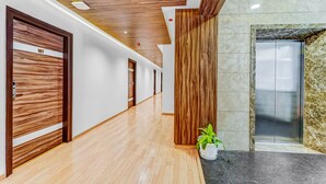 Un couloir avec des portes en bois, une plante en pot et un ascenseur.