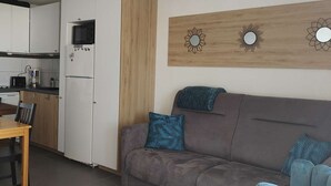 A compact living space with a kitchenette, a grey sofa with patterned cushions, and a wooden accent wall with decorative mirrors. - Spacious 2-Room Apartment with Pool & Sports Facilities, Sleeps 4 – Le Barcarès (Le Barcarès)