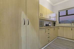 A modern kitchen with wooden cabinets, stainless steel appliances, and a window with a view of mountains.