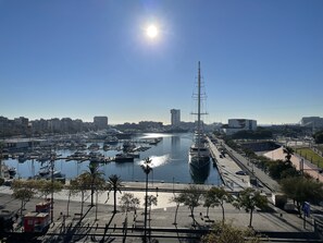 A marina with multiple boats docked, a prominent tall ship, and a clear view of the city skyline in the background. - Som Nit Port Vell (Barcelona)