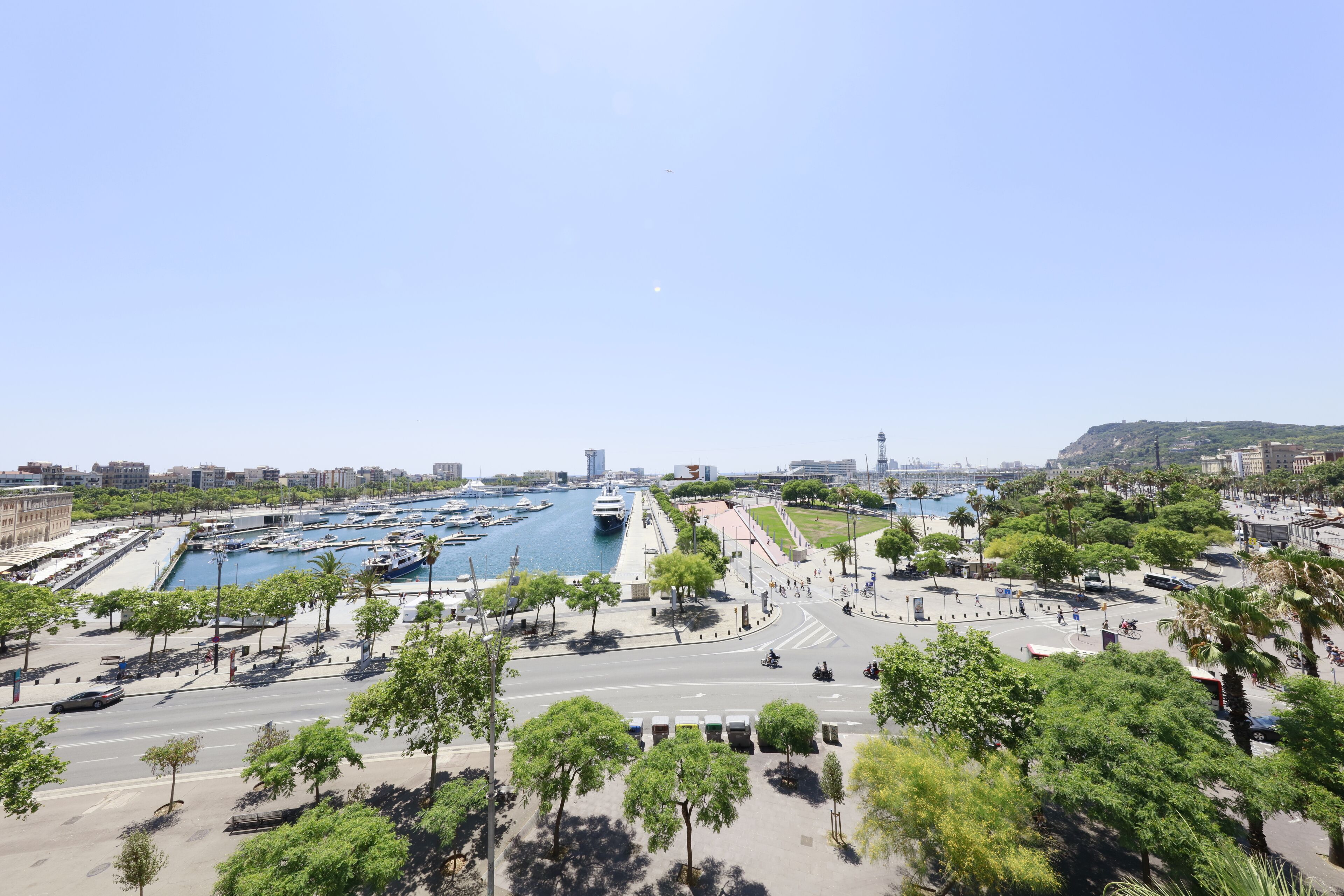 Un puerto deportivo con barcos amarrados, rodeado por un parque con árboles y un paseo marítimo.