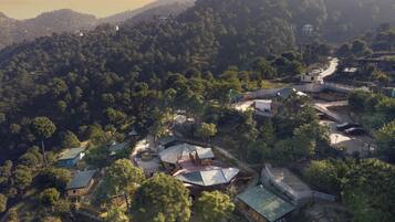 A residential area with houses surrounded by dense forest, a winding road, and a distant hill.