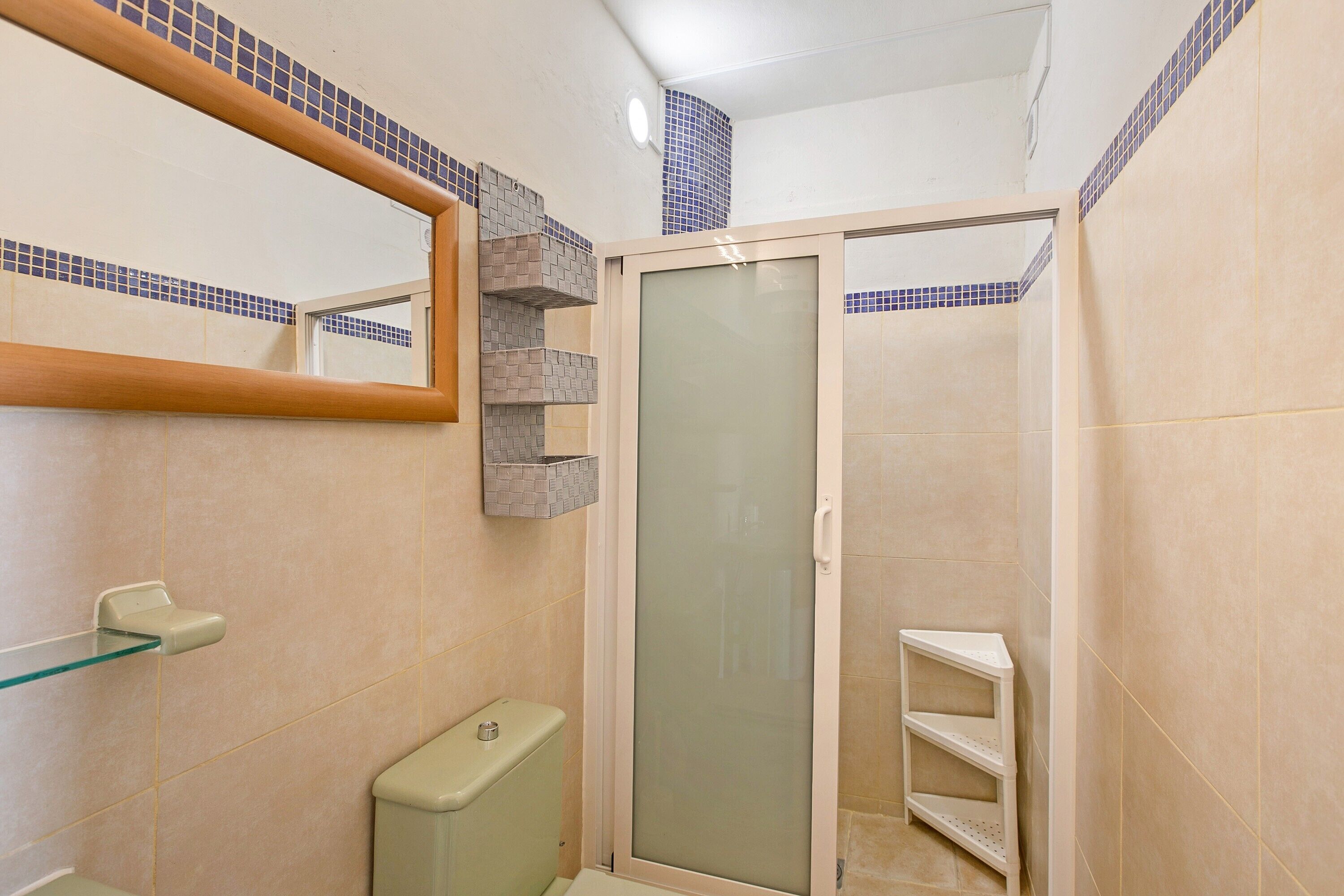 A bathroom with a glass shower enclosure, a toilet, a sink with a glass shelf, and a mirror with a tiled border.