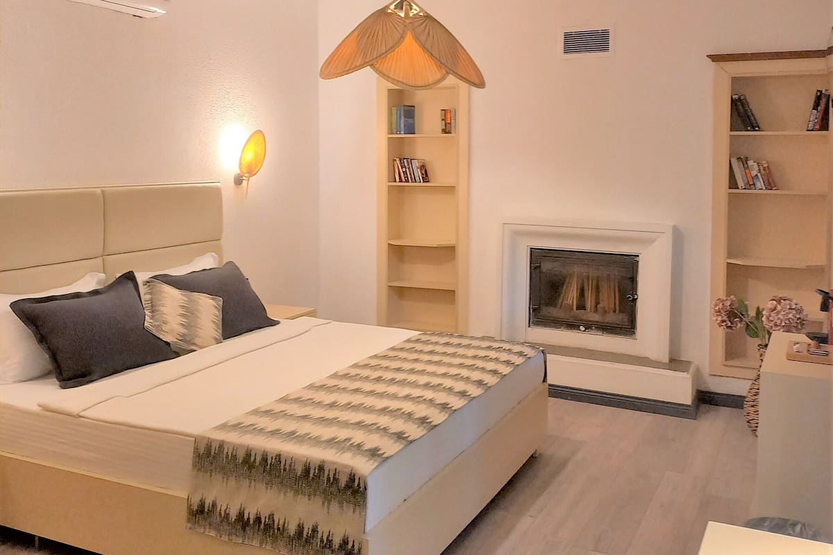 Un dormitorio con cama, una estantería, chimenea y una lámpara colgante.