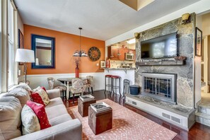 TV, fireplace, books