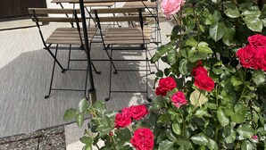 Un pati exterior amb taula i cadires, una tanca de fusta i un roseter.