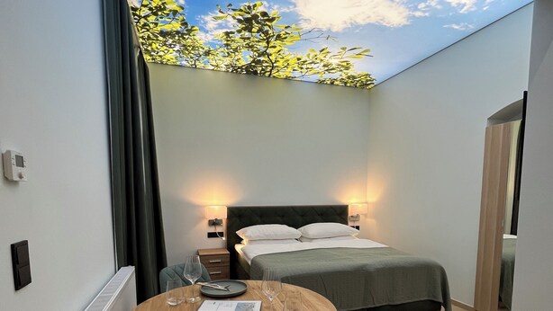 A compact bedroom with a skylight, a bed, bedside tables, and a small round table with a chair. - Street Living Hotel (Vienna)