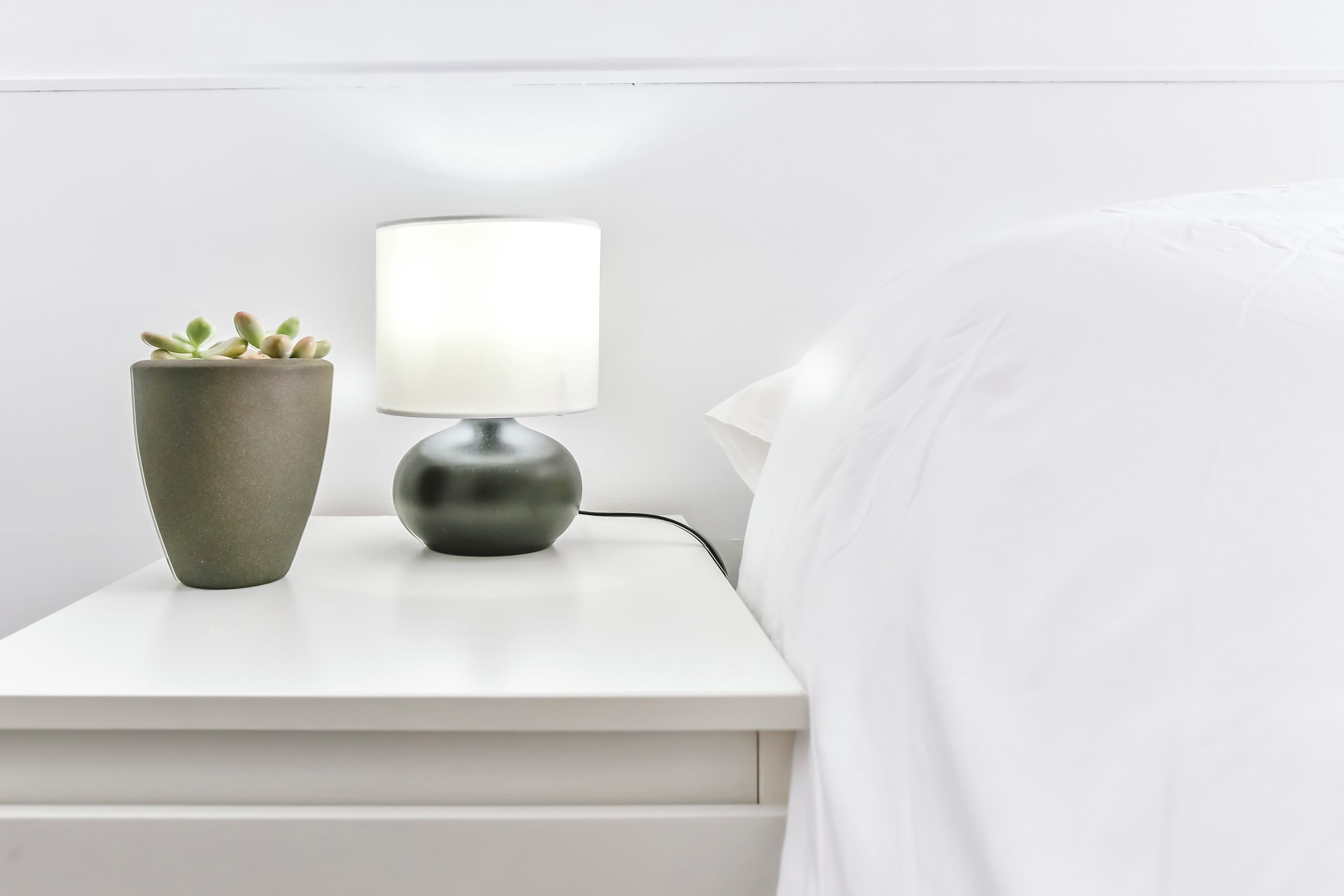 A bedside table with a lamp and a potted plant.