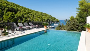 A pool area with lounge chairs, a potted plant, and a view of the sea and trees.