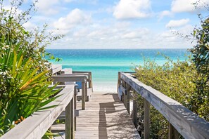 A wooden boardwalk leading to a beach with clear turquoise water and a blue sky. - Private Pool | 360 Degree Rooftop Views (Santa Rosa Beach)