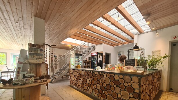 A cozy café with a wooden interior, a central counter with a log pattern, and a staircase leading to an upper level. - Haus der Schmetterlinge (Uslar)