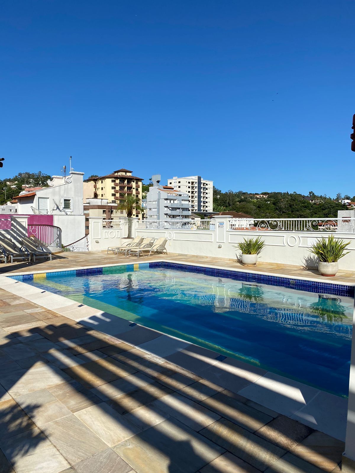 Ein Dachpool mit Liegestühlen und Topfpflanzen, umgeben von Gebäuden und blauem Himmel.