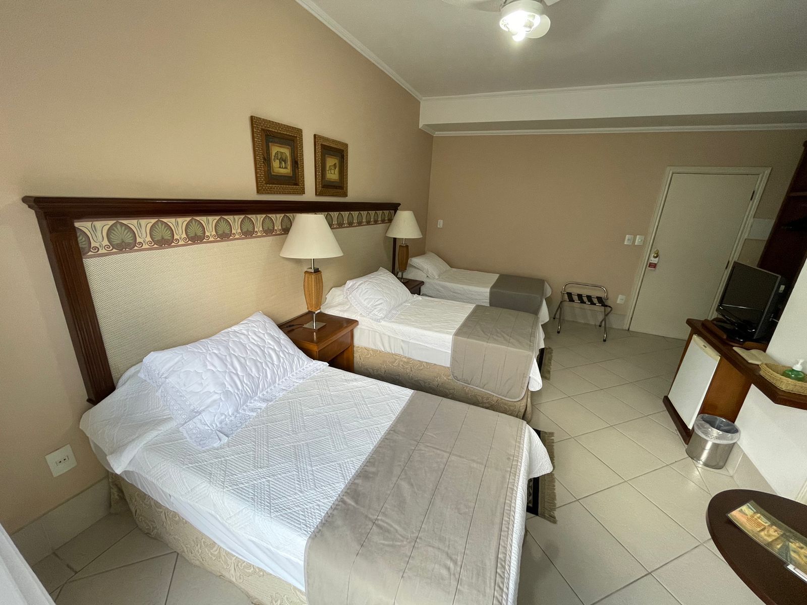 Habitación de hotel con dos camas, un televisor, un escritorio y un cesto de basura.