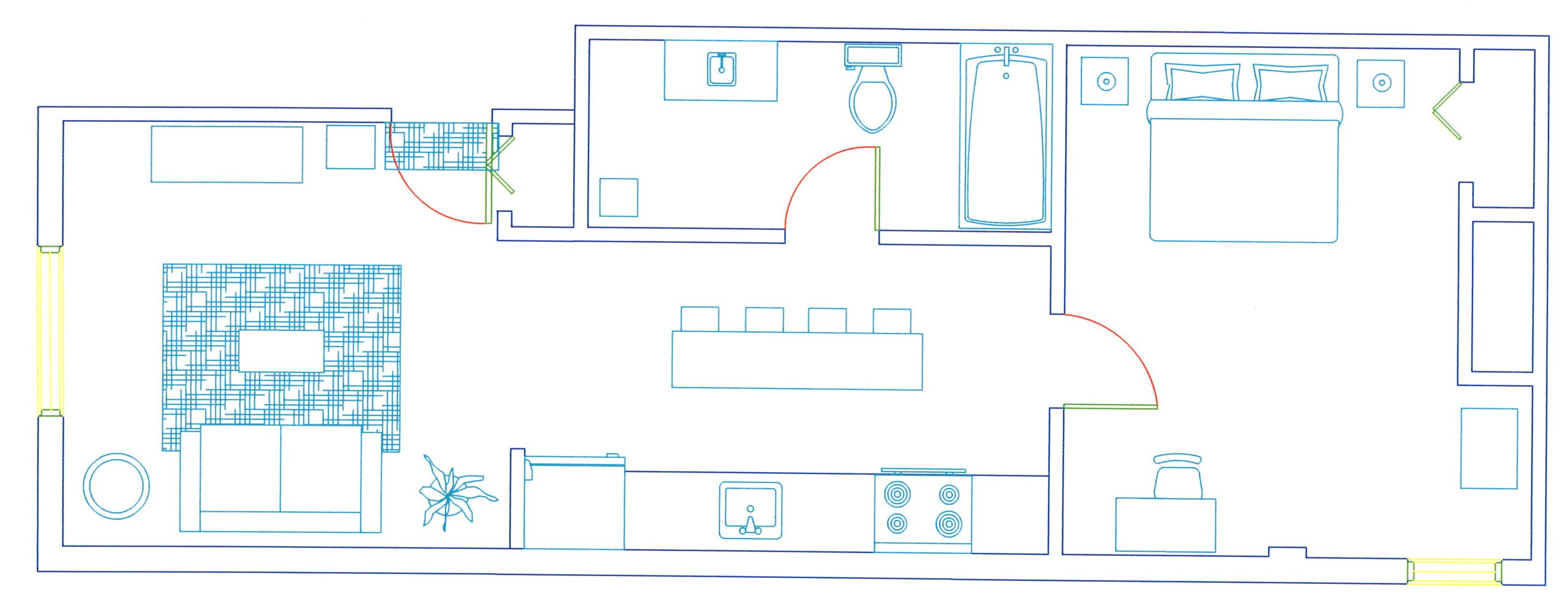 A floor plan of a hotel with a kitchen, dining area, and a large living room with a patterned rug.