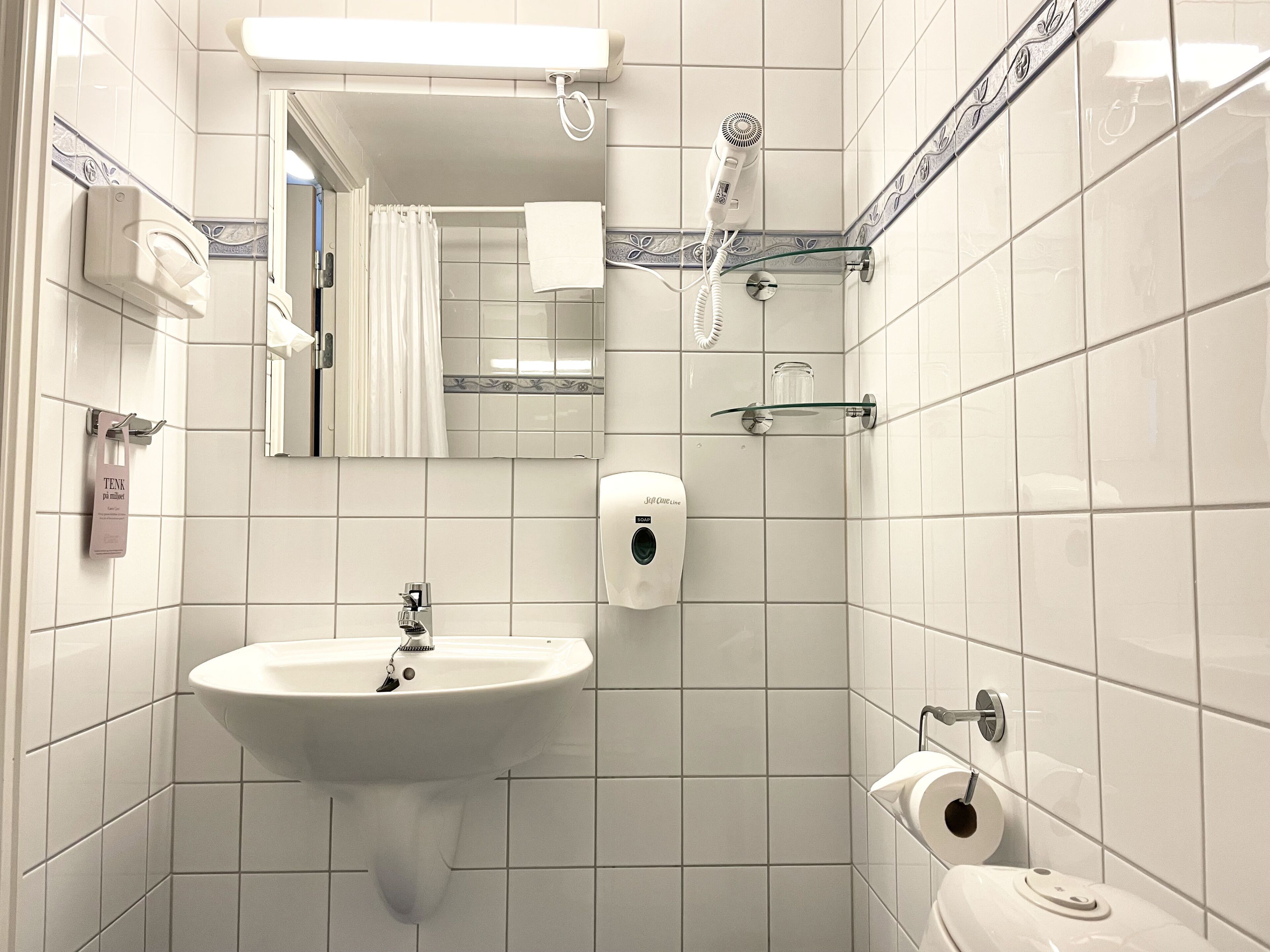 budget single room | bathroom | shower, hair dryer, towels