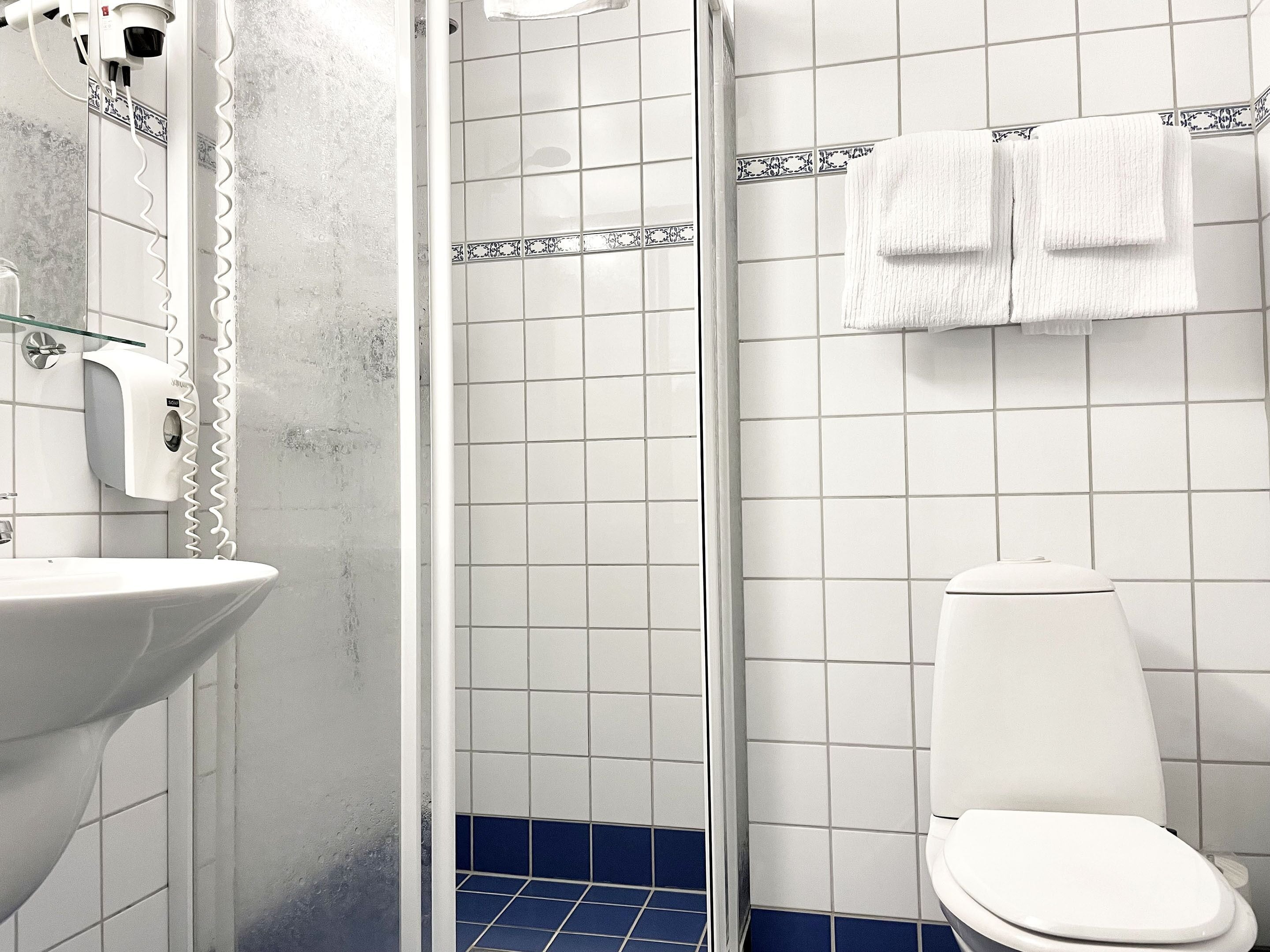 budget double room | bathroom | shower, hair dryer, towels