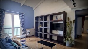 A living room with a blue sofa, a black coffee table, a bookshelf, and a potted plant. - Large apartment with sea/village view 200m from the beach (Saint-Florent)