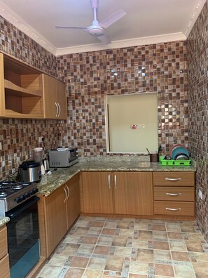 Fridge, microwave, oven, electric kettle