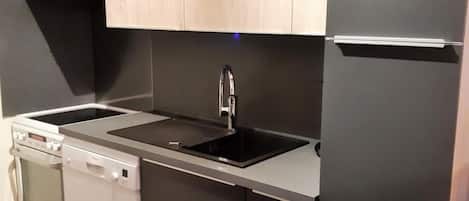 Una cocina compacta con horno integrado, lavavajillas y un lavamanos doble.