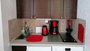 A compact kitchen with a sink, a toaster, a red kettle, and a coffee maker. - 50m from resort center, Ground floor, view ski slopes, balcony, parking, tv, ski locker, 30m² (Les Deux Alpes)