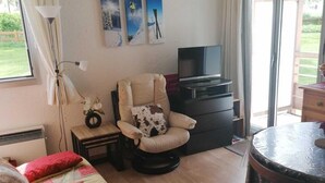 A cozy room with a bed, a chair, a TV, and a table. - 50m from resort center, Ground floor, view ski slopes, balcony, parking, tv, ski locker, 30m² (Les Deux Alpes)