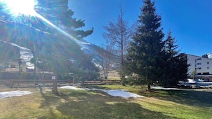 A grassy outdoor area with trees and a building in the background. - 50m from resort center, Ground floor, view ski slopes, balcony, parking, tv, ski locker, 30m² (Les Deux Alpes)