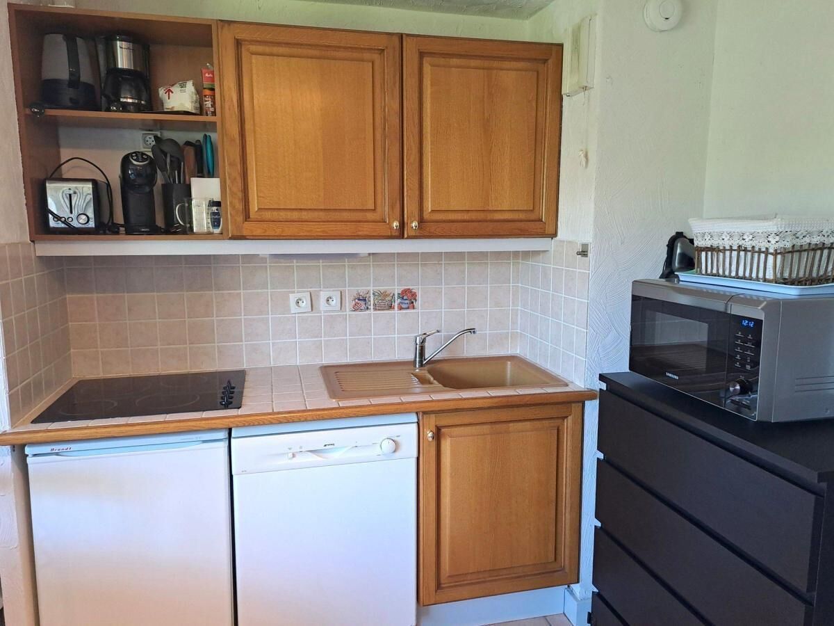 A compact kitchen with wooden cabinets, a built-in dishwasher, a microwave, and a sink.