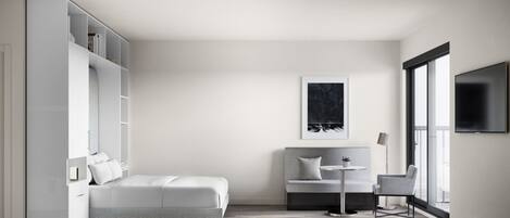 Un dormitorio moderno y minimalista con cama, armario empotrado, una mesita y televisor.