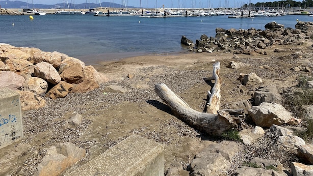 Una costa rocosa con un puerto deportivo al fondo.