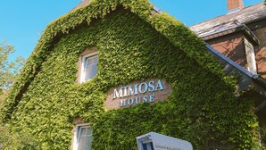 Un bâtiment orné d’une enseigne indiquant « MIMOSA HOUSE », et dont la façade est recouverte de lierre.