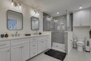 Bathtub, hair dryer, shampoo