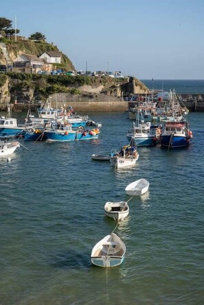 Un port où des bateaux sont amarrés, une falaise avec des bâtiments, et un ciel dégagé.