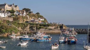 A coastal marina with several boats docked, a cliff with houses, and a clear sky.